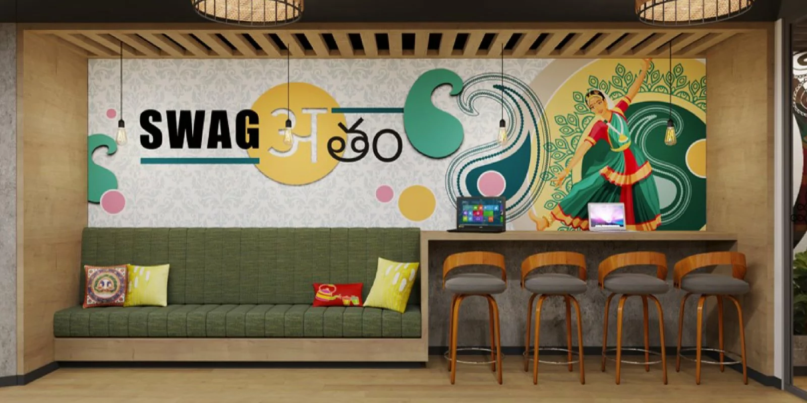 Modern office interior design showcasing vibrant colors and collaborative workspace