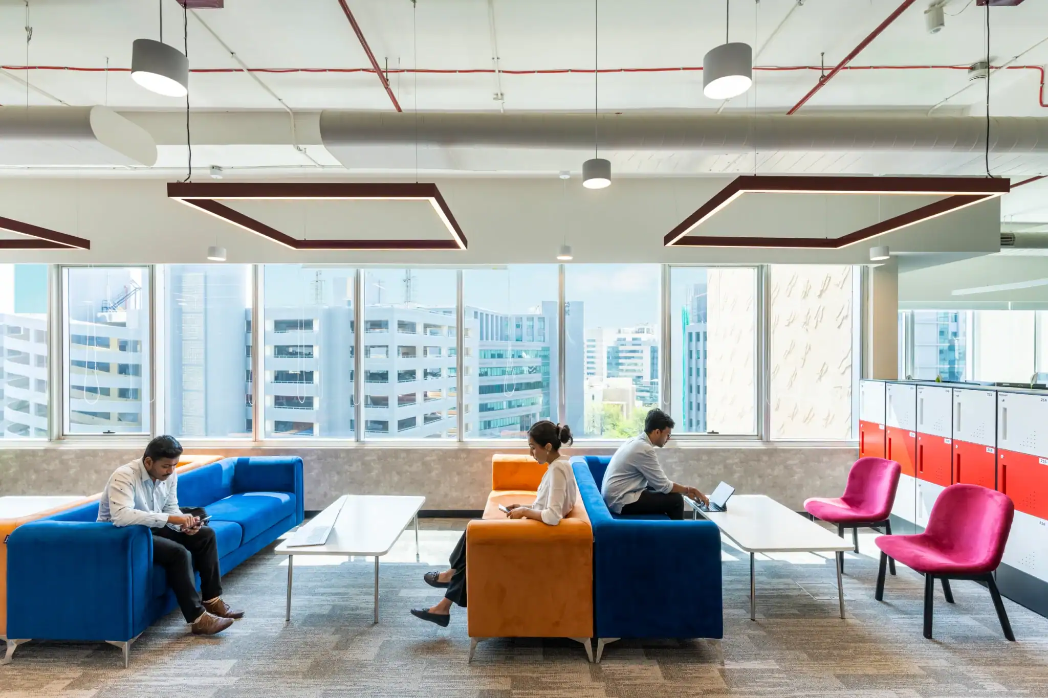 Biophilic elements like indoor plants and natural lighting